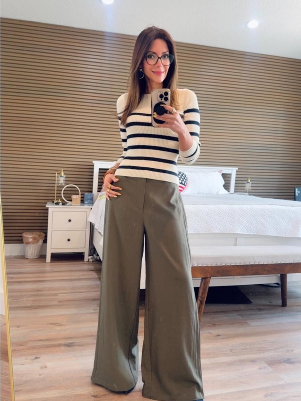 Commense Olive Green Wide-Leg High-Rise Trousers